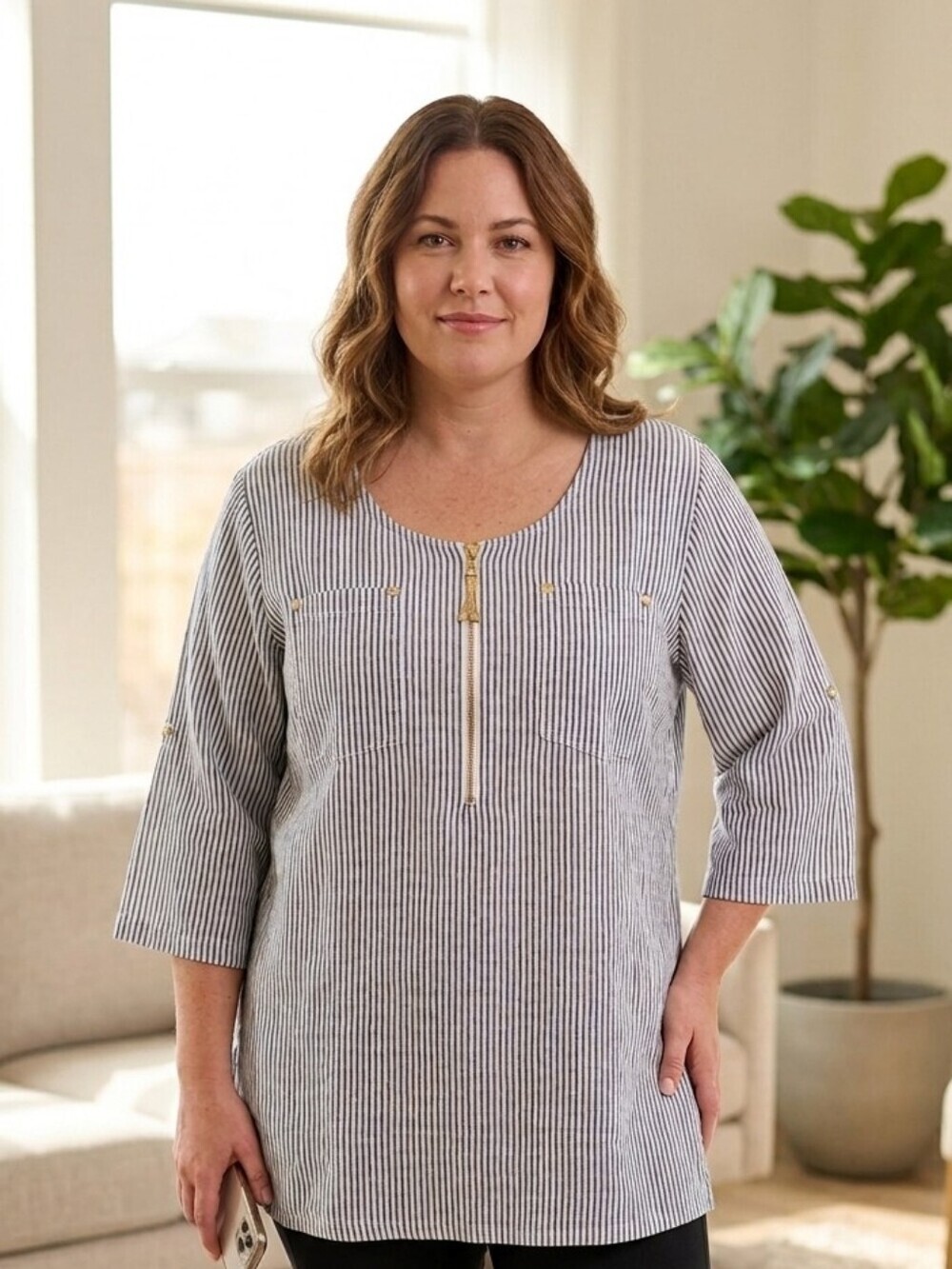 Ellen Tracy Womens Linen Shirt Large Utility 3/4 Sleeve